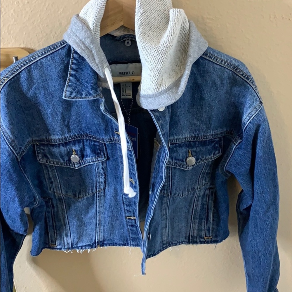 Crop denim jacket with detachable hood